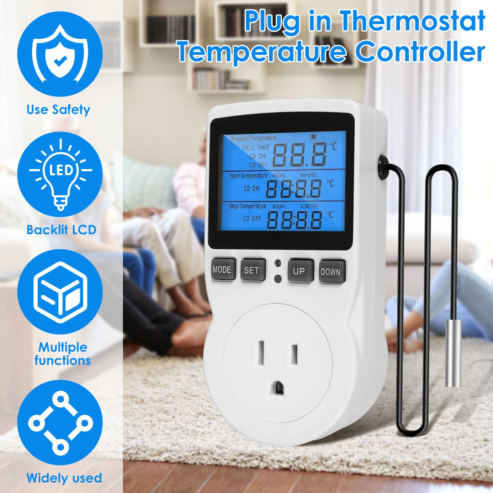 Temperature Controller Socket Digital Temperature Controller 1800W 15A/120V LCD Display Timer Socket Digital Thermostat