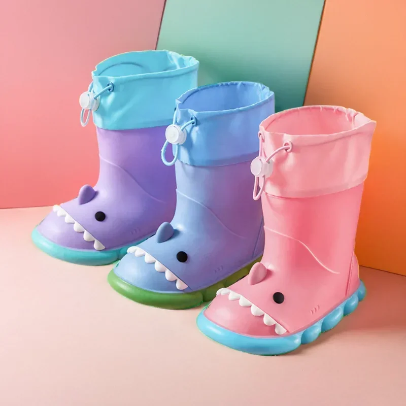 Children Rain Boots Cartoon Shark PVC Waterproof Rainshoes Todller Kids Shoes Boys Girls Water Shoes Soft Sole Anti-Slip Shoes