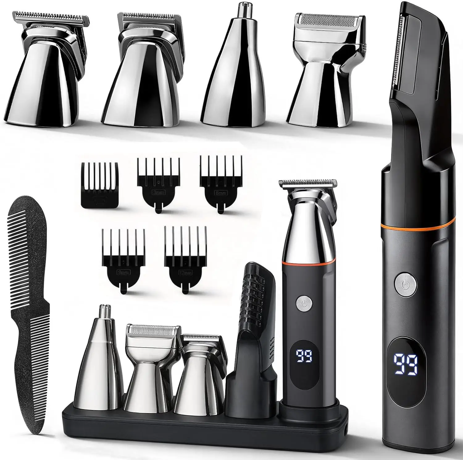 

5-in-1 Men's Grooming Kit: Waterproof Body & Pubic Hair Trimmer with LED Display, No-Nick Design