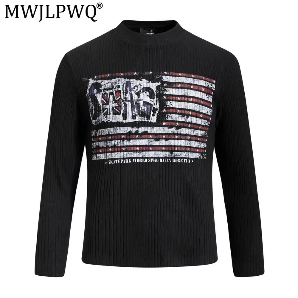 MWJLPWQ Striped Print Casual Tops Long-Sleeve T-Shirt Men Loose Fit Round Neck Spring Autumn Ins American Street Clothing 20195