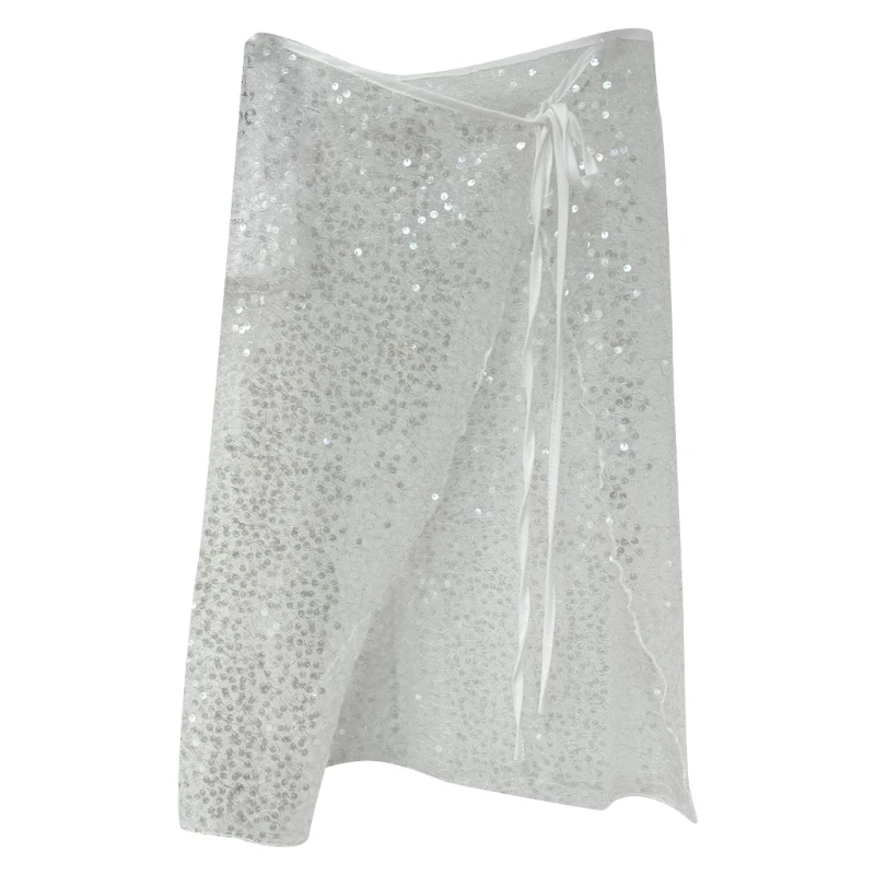 Vintage Sparkly Sequins Sheer Lace Long Skirt Hip Scarf for Women Tie Up Aesthetic See Through Apron Covering Overskirt