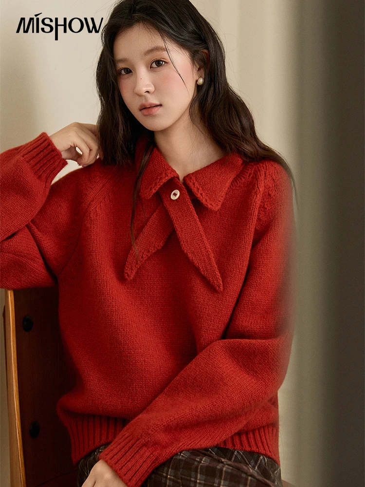 MISHOW New Year Women's Red Knit Sweater 2025 Autumn Winter Lapel Bow Collar Button Sweater Loose Warm Pullover Top MXE94Z2981