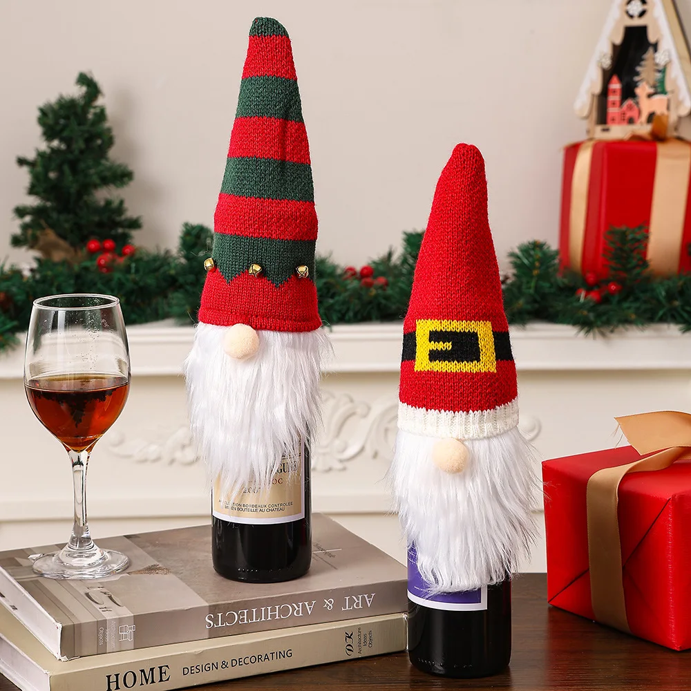 1-10PCS Christmas Theme Knitted Gnome Wine Cover Creative Home Bar Decor for Holiday Party Restaurant Table Decoration