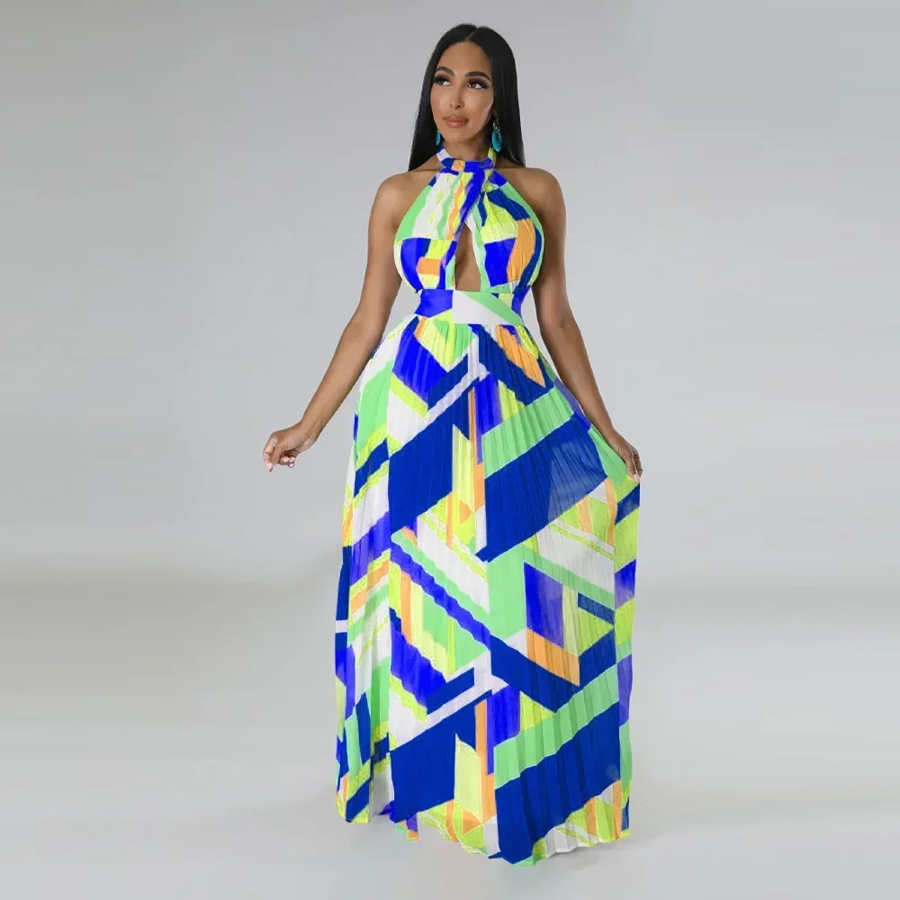 Lady Casual luźna, wiązana na szyi, plisowana sukienka z odkrytymi plecami, damska modny nadruk, bez rękawów, plażowa sukienka Boho, elegancka, długa sukienka na ramiączkach