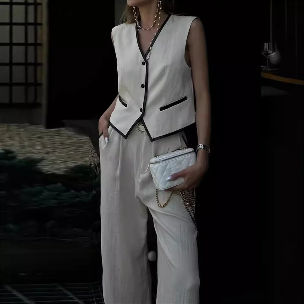 Office Lady Vest Top and Pants 2 Piece Set Summer V Neck Single Breasted Tank Top High Waist Straight Pants Elegant Suit