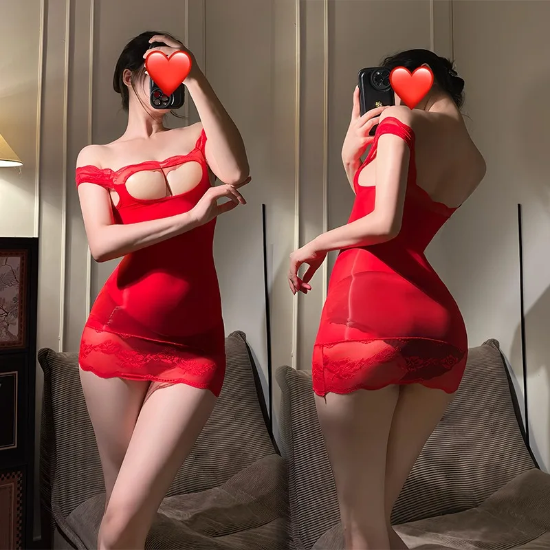 فستان جوارب لامعة زيتية شفافة فستان شفاف على الصدر للنساء مثير بحافة من الدانتيل رفيعة للغاية تنورة قصيرة ملابس داخلية مثيرة #2