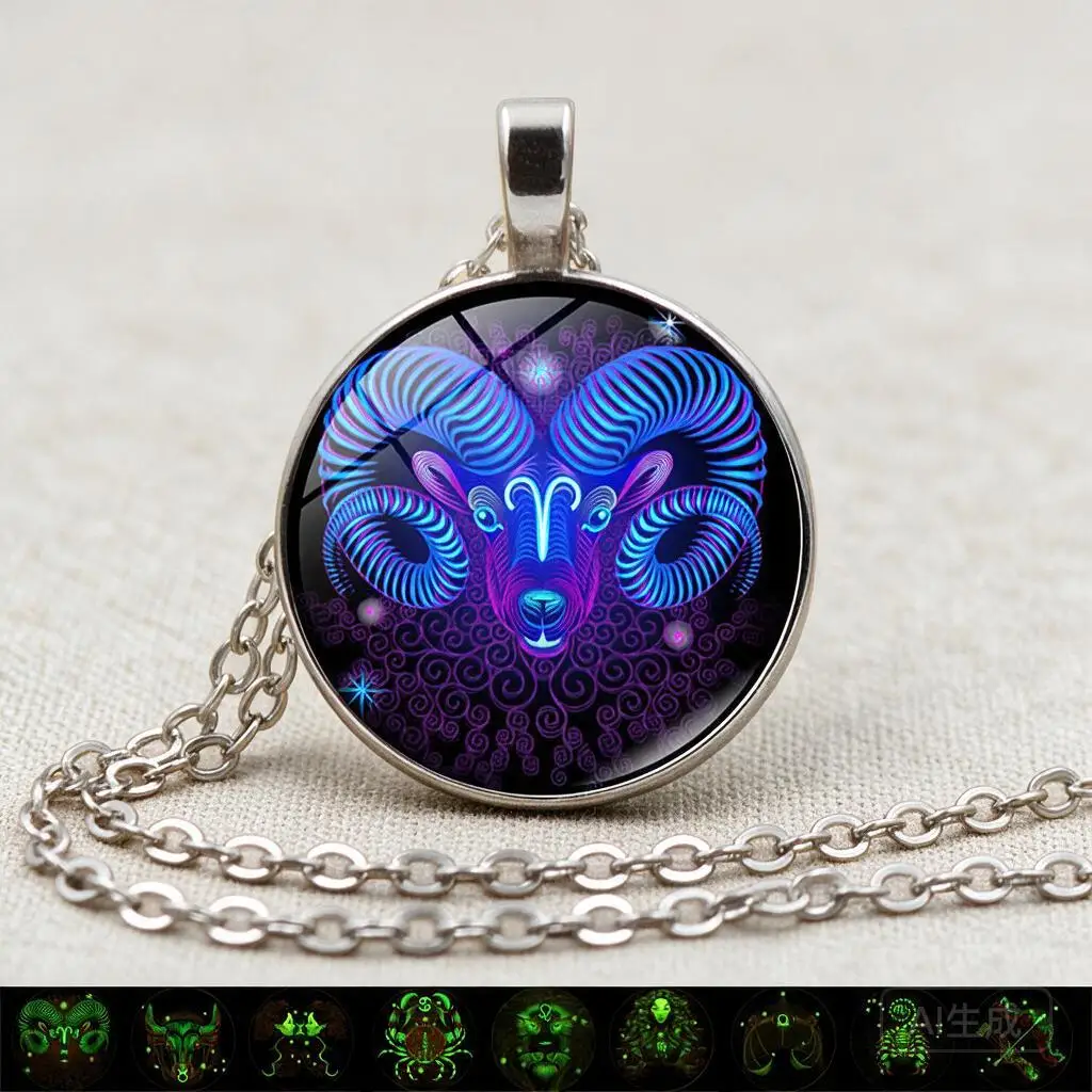 Glow In The Dark 12 Zodiac Signs Time Gem Pendant Necklace Vintage Sweater Chain Cute Jewelry Birthday Gift For Couples Students
