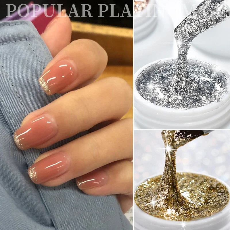 Vernis à ongles à colle métallique à paillettes, 4 couleurs, nail art professionnel, nail art à paillettes, finition platine or et argent