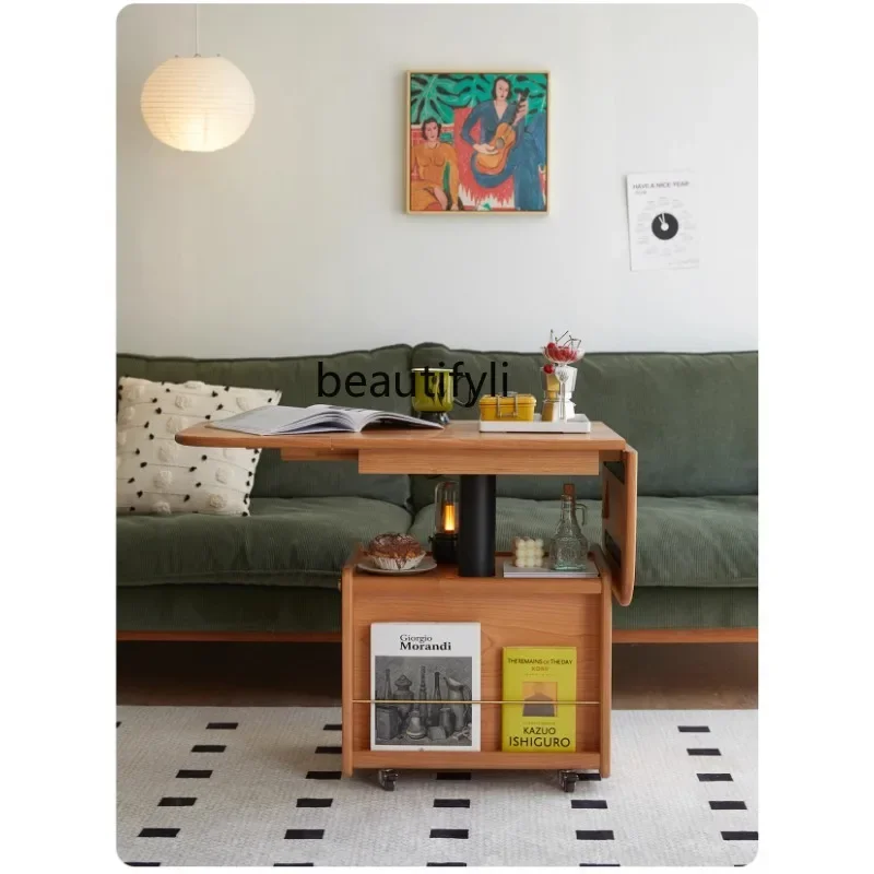 

A13 Solid wood lifting folding mobile coffee table cherry wood living room side cart tea table dual-purpose