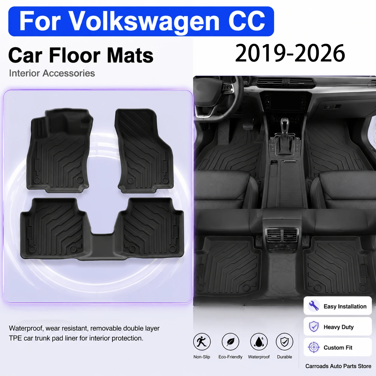  (LHD)For Volkswagen CC Floor Mats Waterproof Wear Resistant Removable Double Layer TPE Car Trunk Pad Liner Interior