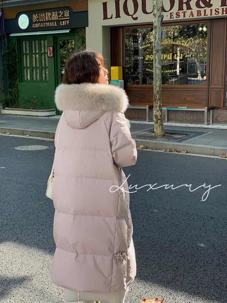 Faux Fur Collar Hooded Down Cotton Coats Winter Snow Wear Mid-length Parkas Tops Casual Chaqueta Korea Loose Warm Women Casaco