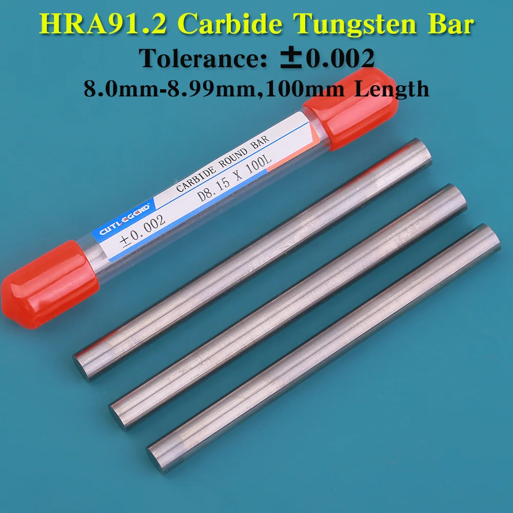 HRA91.2 Solid Carbide Round Rod Carbide Bar 8.00mm to 8.99mm Diameter ±0.002mm Extended 100mm Length 8.01 8.05 8.15 8.25 8.69