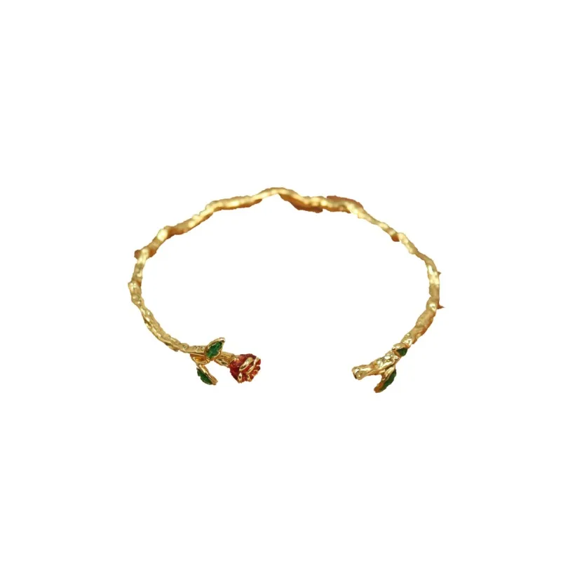 

French Retro Vintage Bracelet, Drip Enamel Three-dimensional Red Rose Bangle, Retro Light Luxury Open Mouth Hand Jewelry Luxury