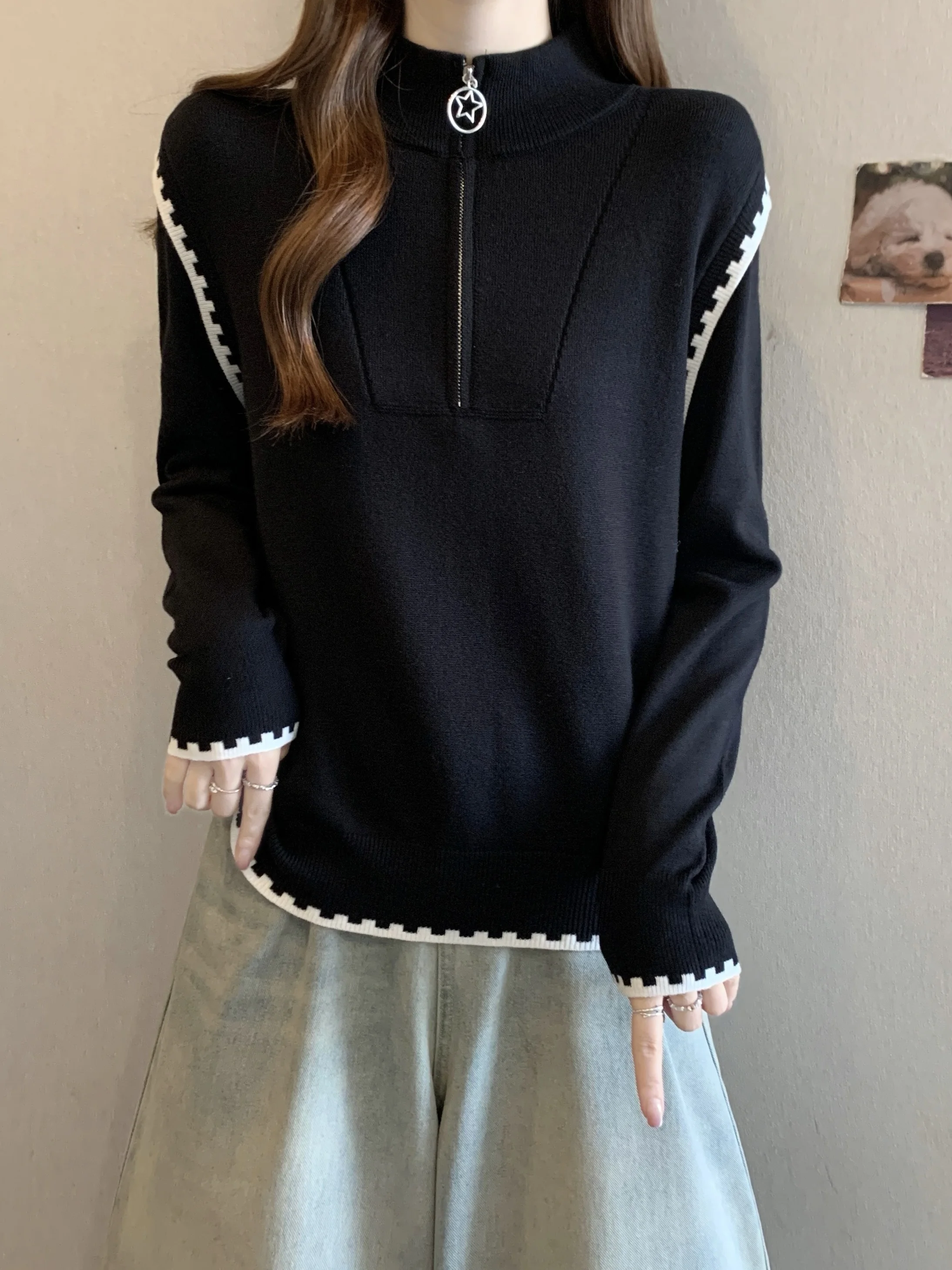 

plus Size Women's Knitted Long Sve f Zipper Base Layer Sweater High Collar Faionable Inner Wear Korean Sle Loose Fit