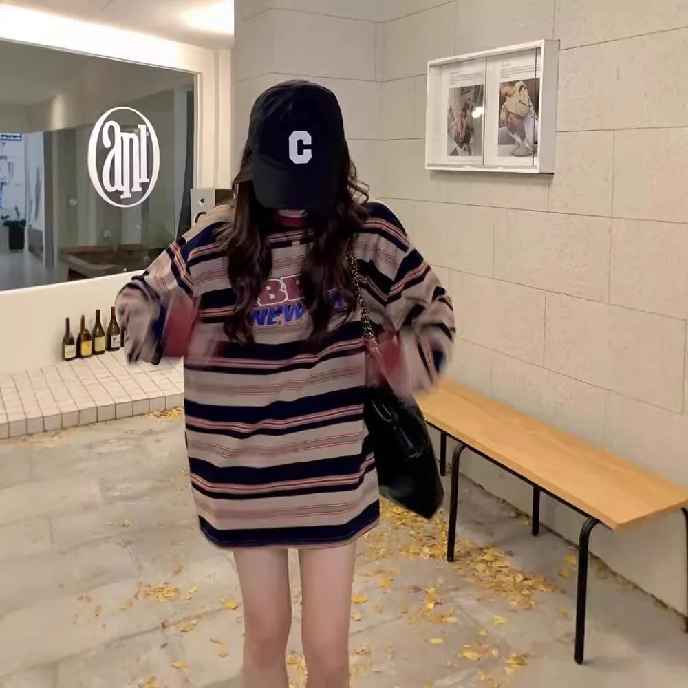 Lazy wind striped long-sleeved sweater women's autumn and winter new Korean version of letter printing loose oversize top