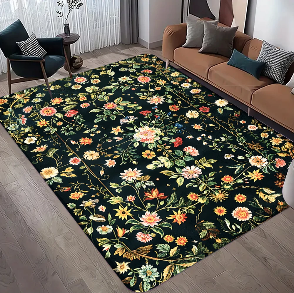 Vintage-Teppich mit Blumenmuster, dunkelgrün, bunter Blumen-Teppich, Wohnzimmer, Schlafzimmer, dekorative weiche Bodenmatte, Heimdekoration