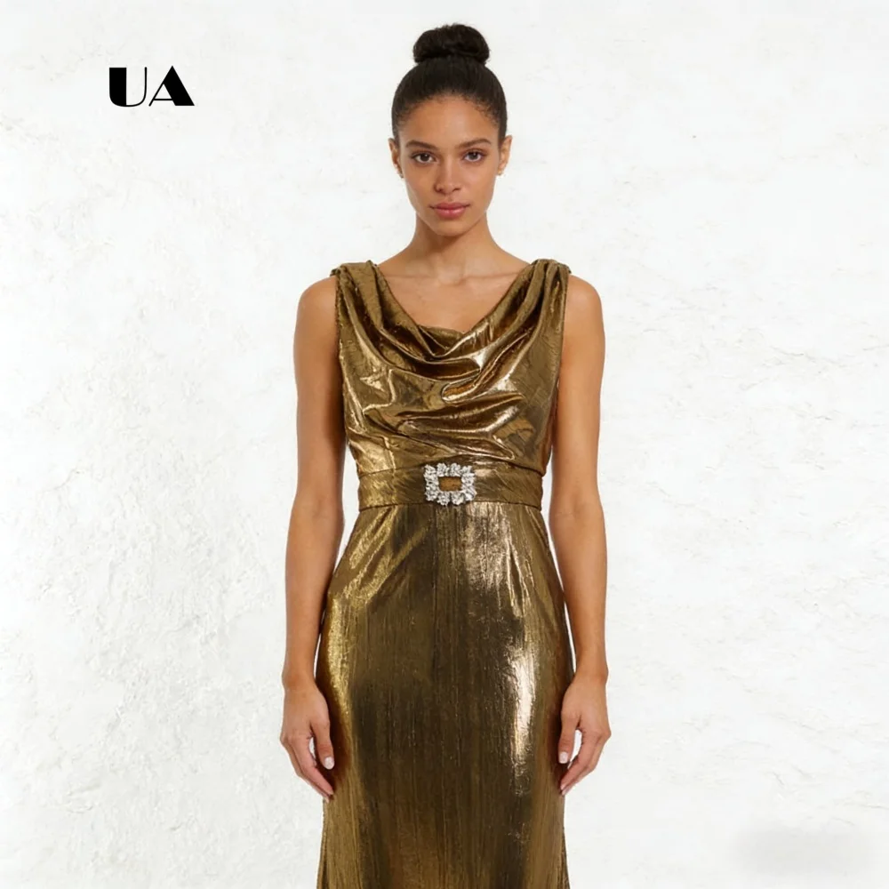 Vestido de baile trompete elegante, vestidos de noite de camisa metálica sem mangas para mulheres, vestido de festa personalizado com gola oscilante e cinto