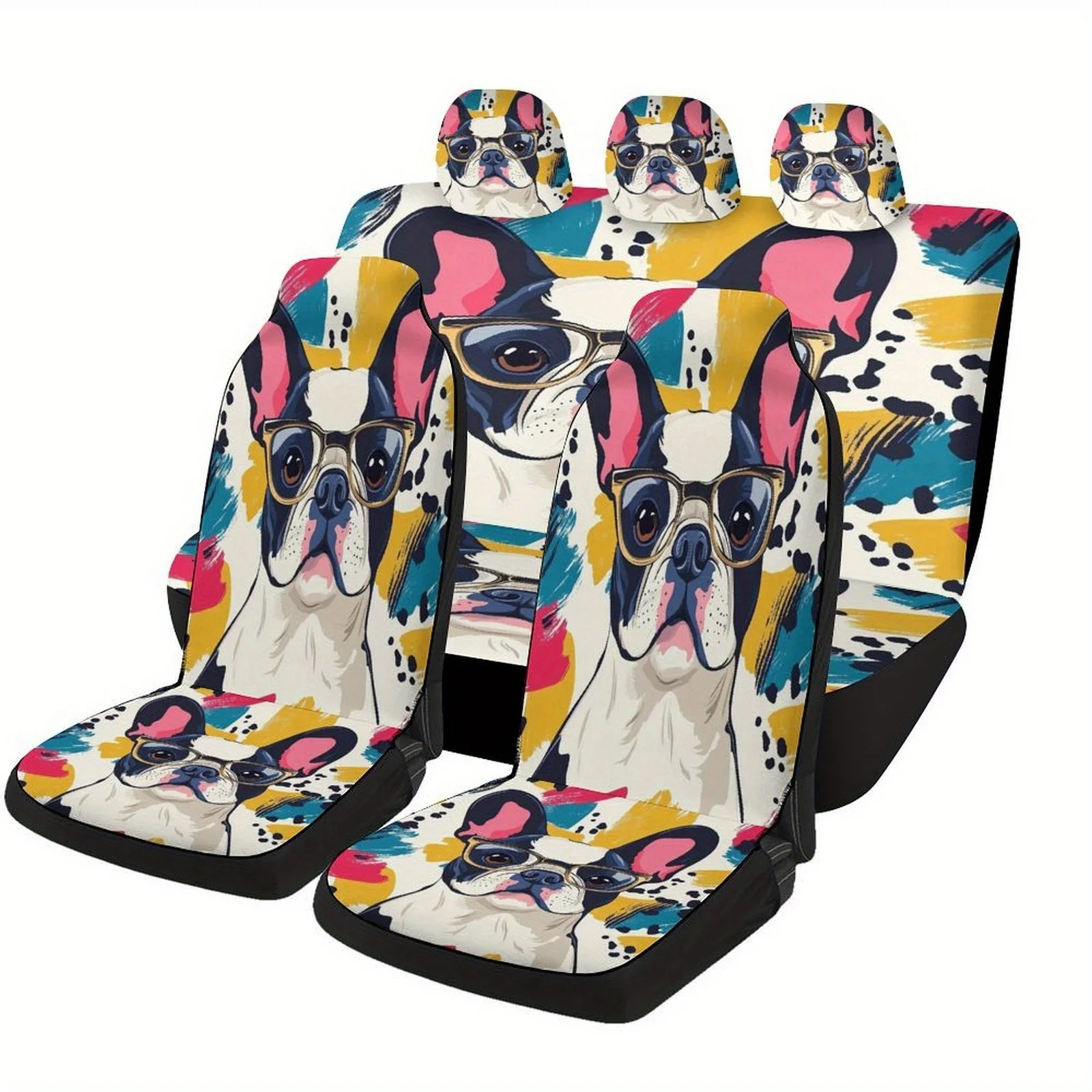 Stylish Car Seat Cover Set Featuring A Cool French Bulldog, Suitable For Various Vehicles. This High-Quality, Comfortable Protec