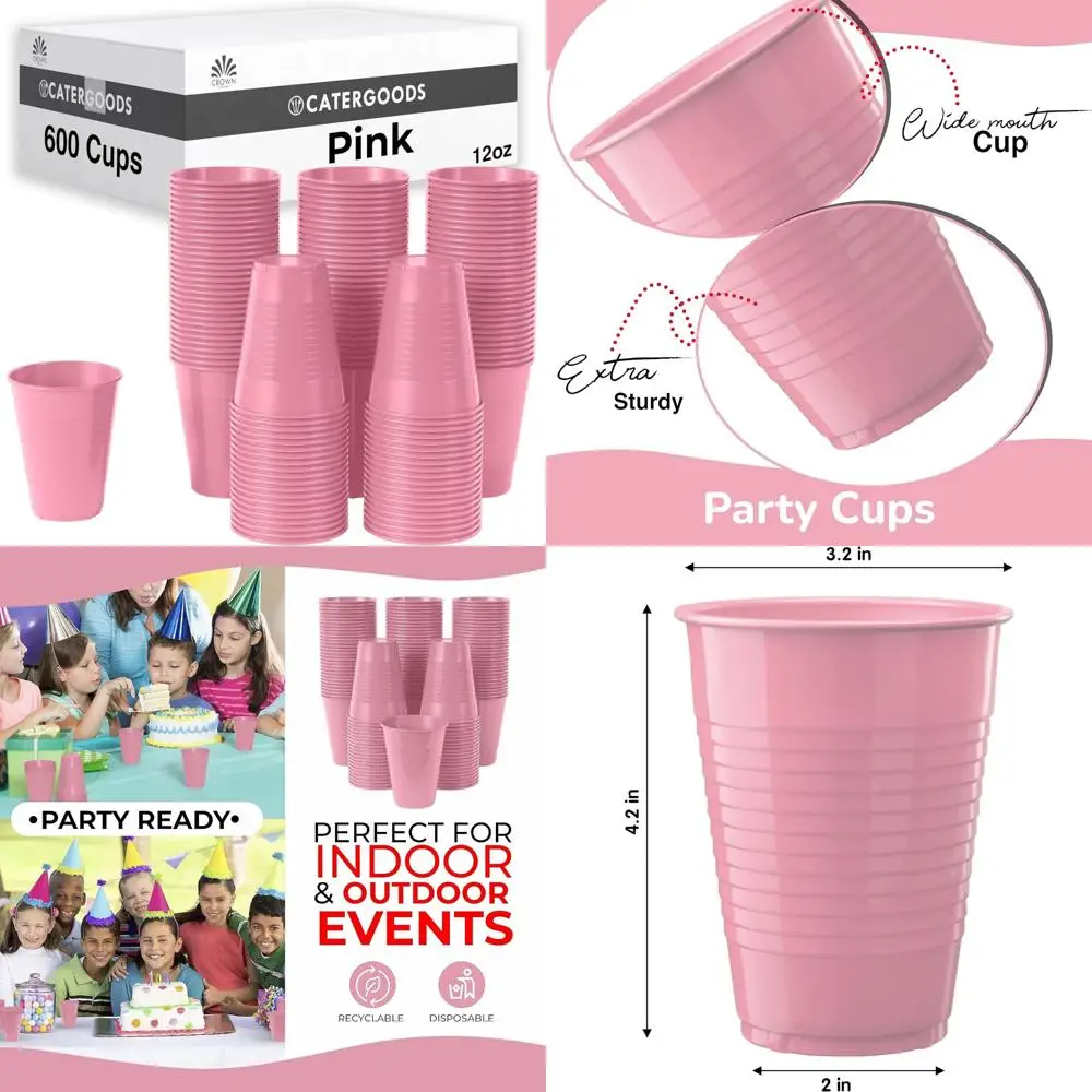 

12 Oz Pink Plastic Party Cups - Bulk Pack of 600, Ideal for Celebrations and Large Gatherings