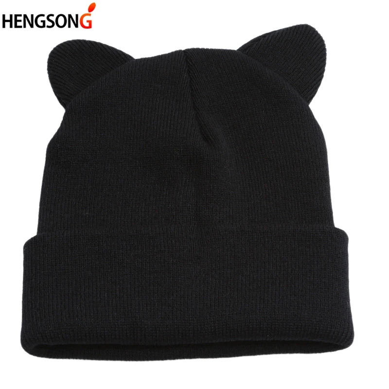 Lovely Warm Winter Casual Skullies Beanies Hat Hot Fashion Design Wool Cap Hat Gray White Cute Cat Ears Knitted Hat