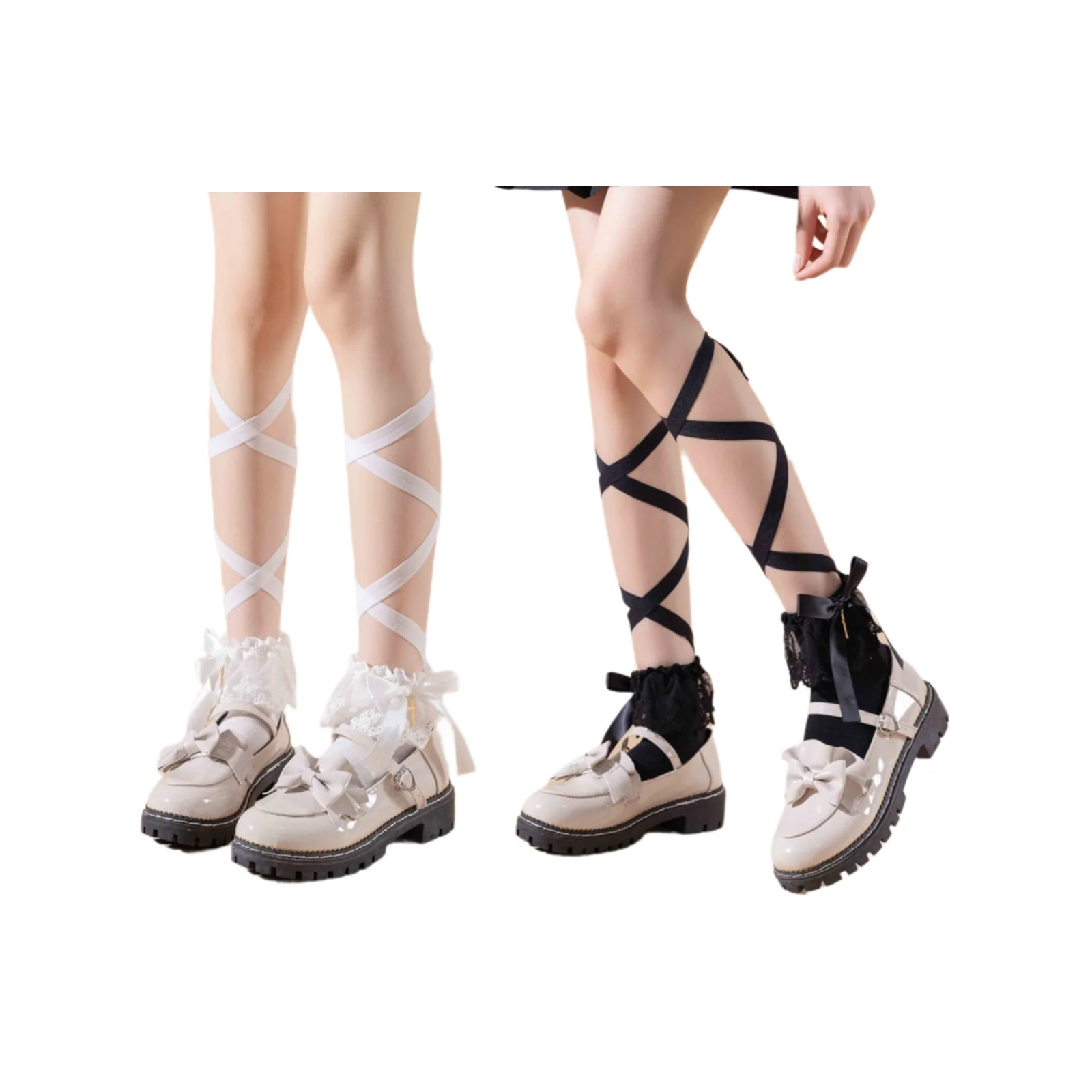 

White + black strappy calf socks combination set