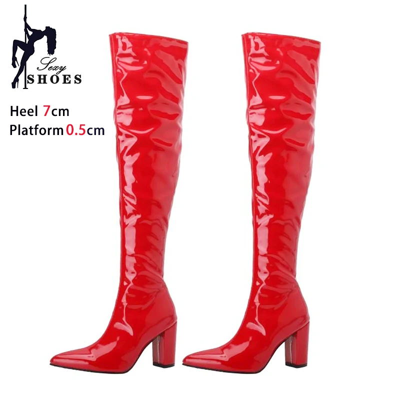 Red Women Over-the-Knee Boots 7CM Chunk Heels 2024 Spring Autumn Pointed Toe Leather Boots Club Party Fetish Long Shoes Size 43