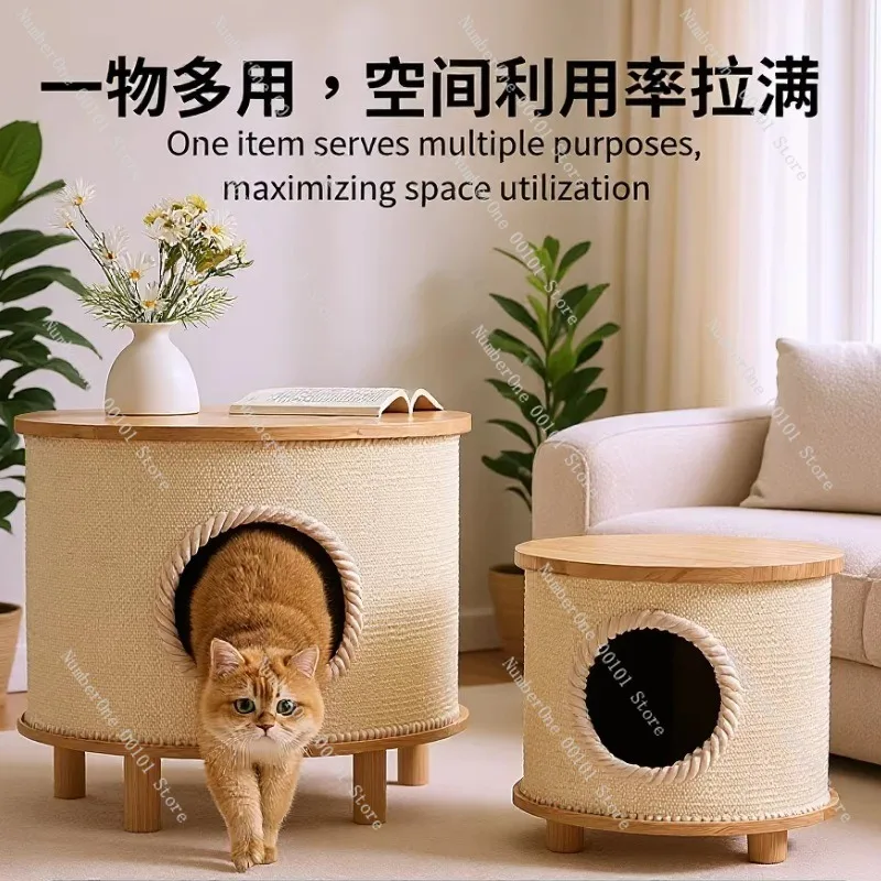 Solid Wood Cat Table Bedside Nightstand Cat House Sisal Scratching Pad Multi Function Pet Furniture For Home