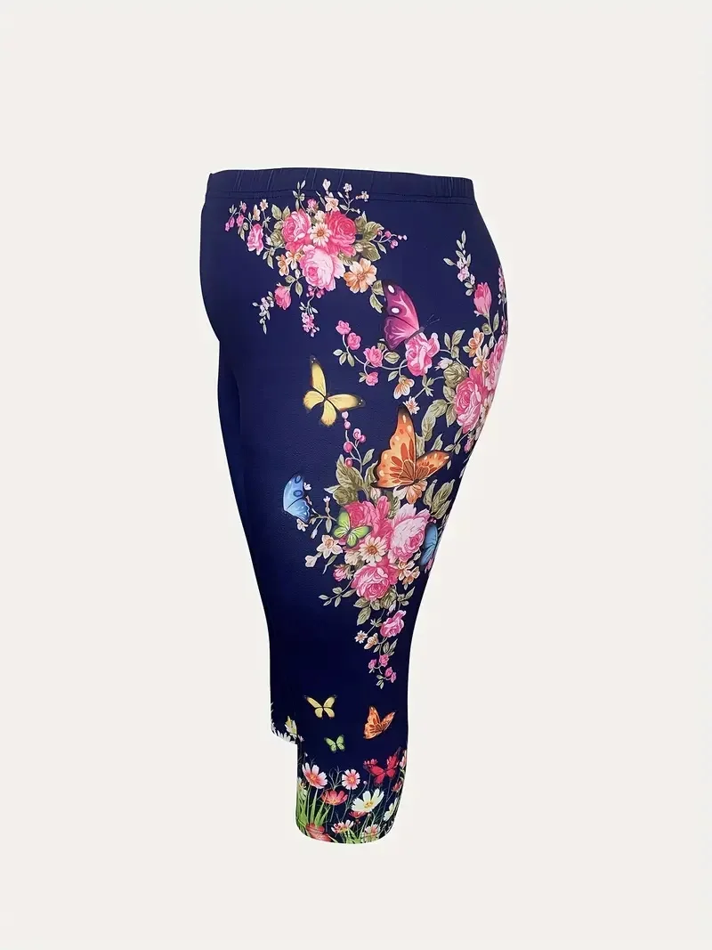 Floral print stretch slim elastic waist tight casual leggings capri pants for women