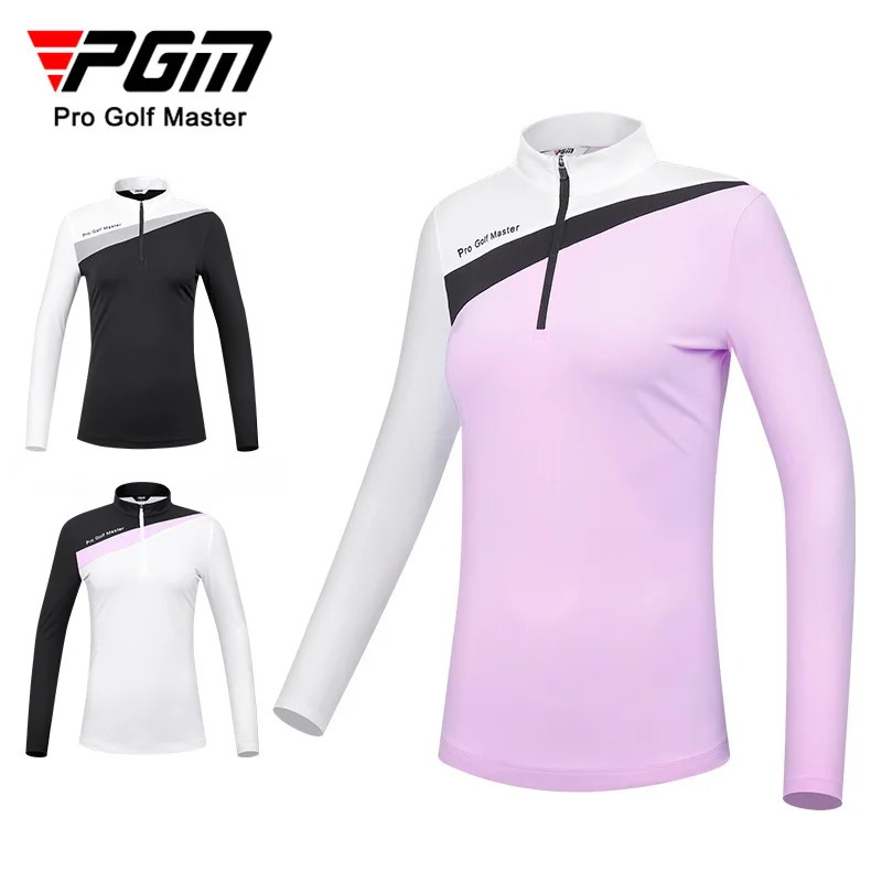 

PGM Golf Clothing Women's Long Sleeve Color Blocked Design Simple and Fashionable Sports Stand Up Collar T-shirt