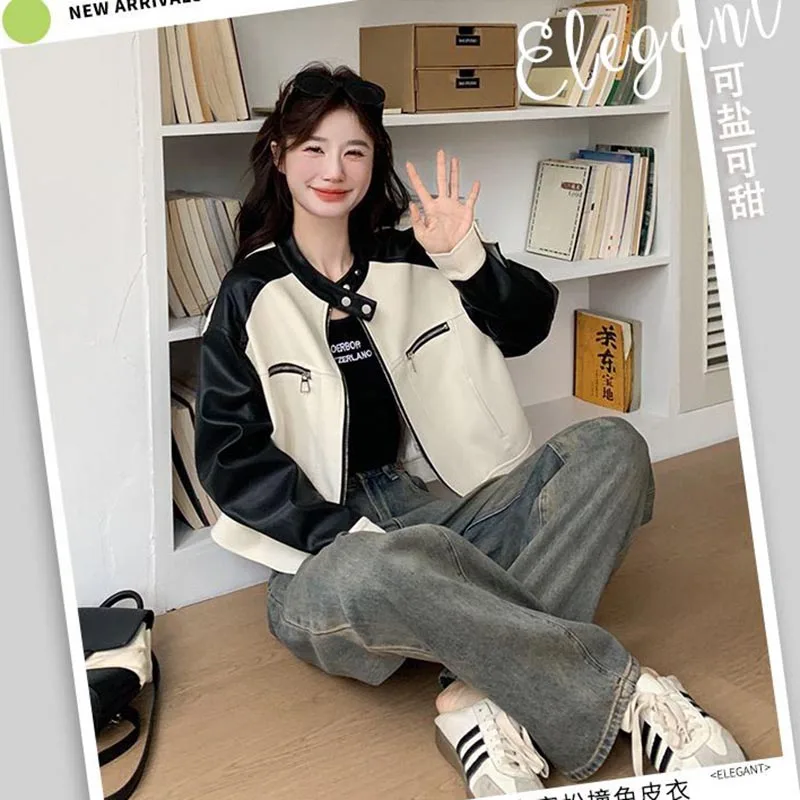 Jaqueta de Couro Feminina Vintage Estilo China-Chic com Contraste Preto e Branco, Design Solto, Manga Longa, Moda Primavera Outono