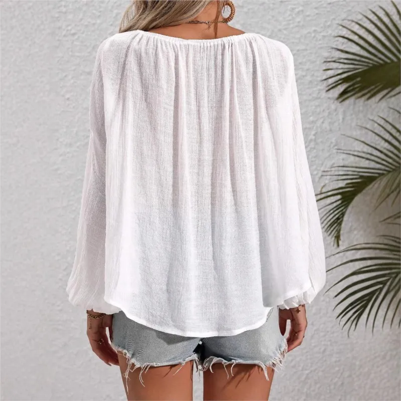 Spring Autumn New Long Sleeve White Shirts Women's Vintage Vacation Style Cotton Boho Blouses Lace Tasse Blouses Women Clothing