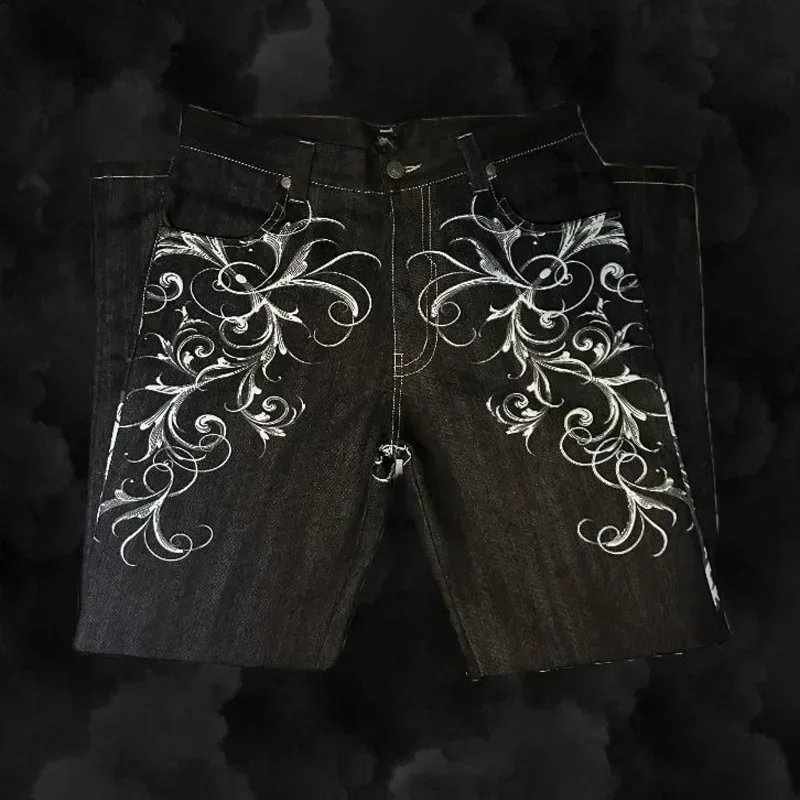 American Retro Hip Hop Fashion Couple Straight Loose Pants Y2k Street High Waist Gothic Skull Geometry Men Jeans