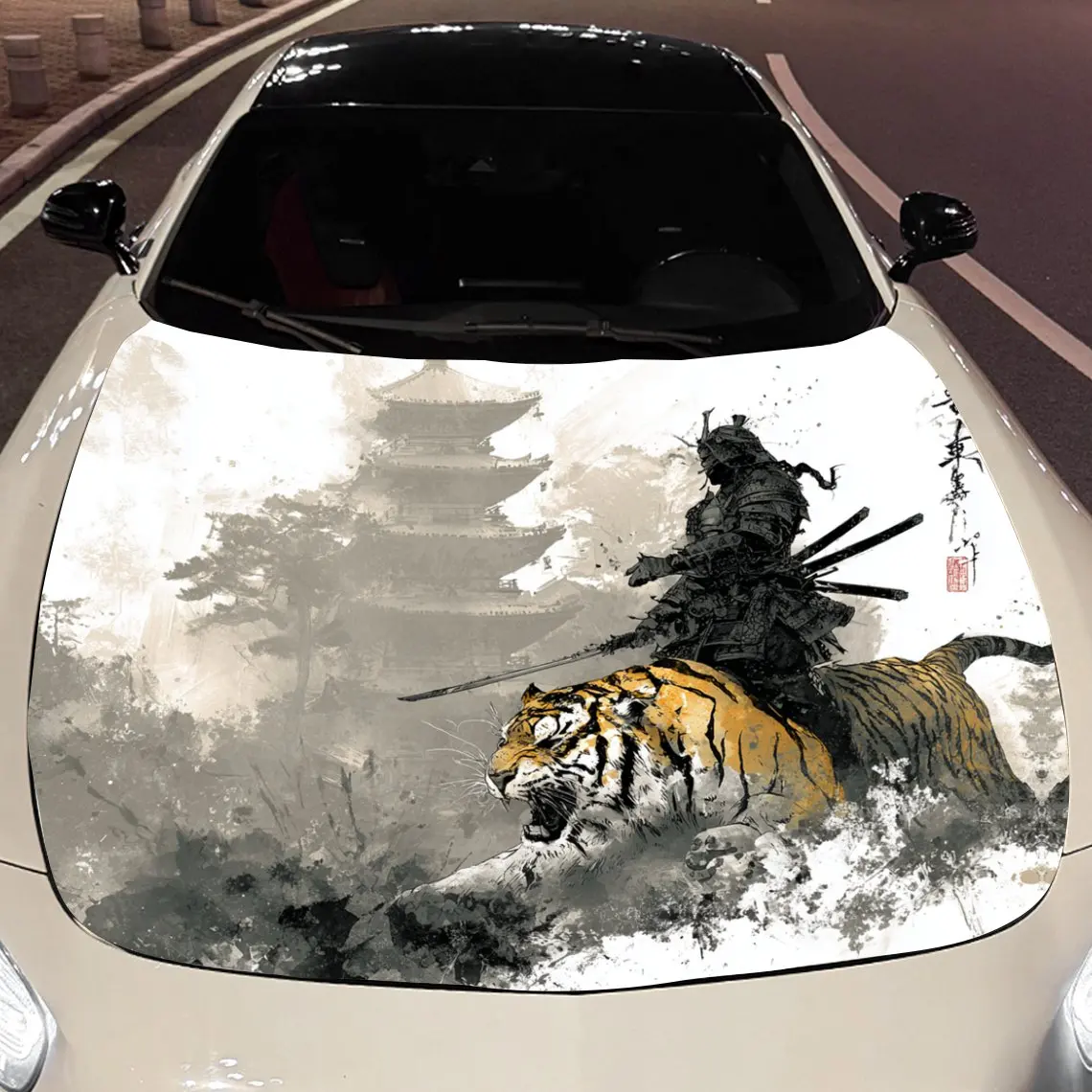 

Ink - Style Samurai Riding Tiger Car Vinyl Wrap, PVC Material Waterproof Car Hood Sticker, Self-Adhesive Scratch-Resistant Stick