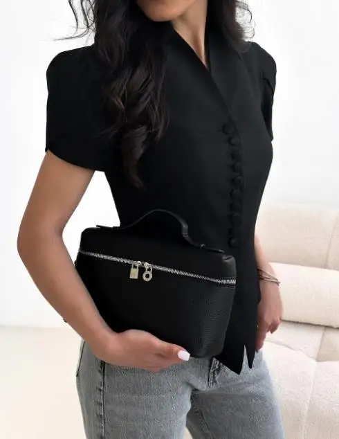 

Top Women 2025 Spring Summer New Solid Color Stand Neck Short Sleeved Casual Irregular Hem Slim Fit Single-Breasted Shirt Top