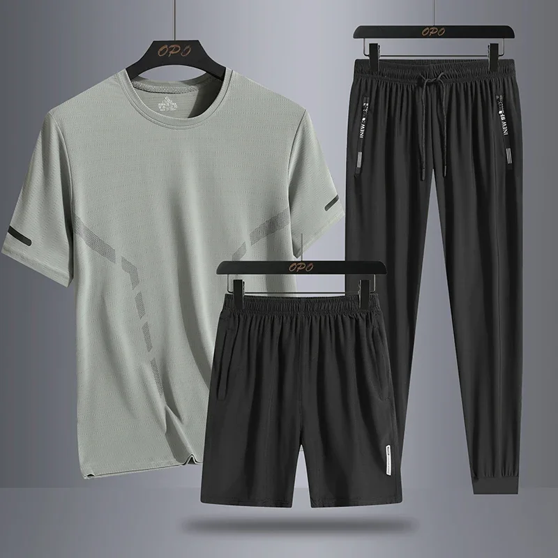 Men's Summer Simple Ice Silk Trendy Personalized Three piece Set with Round Neck T-shirt, Shorts, Pants, Loose Sports Set