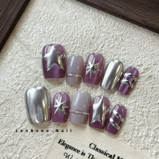 

10pcs Handmade Purple Almond Handmade Press On Nails Star Fake Nail Metallic Glitter Spice Girl French Manicure Nail Tips New