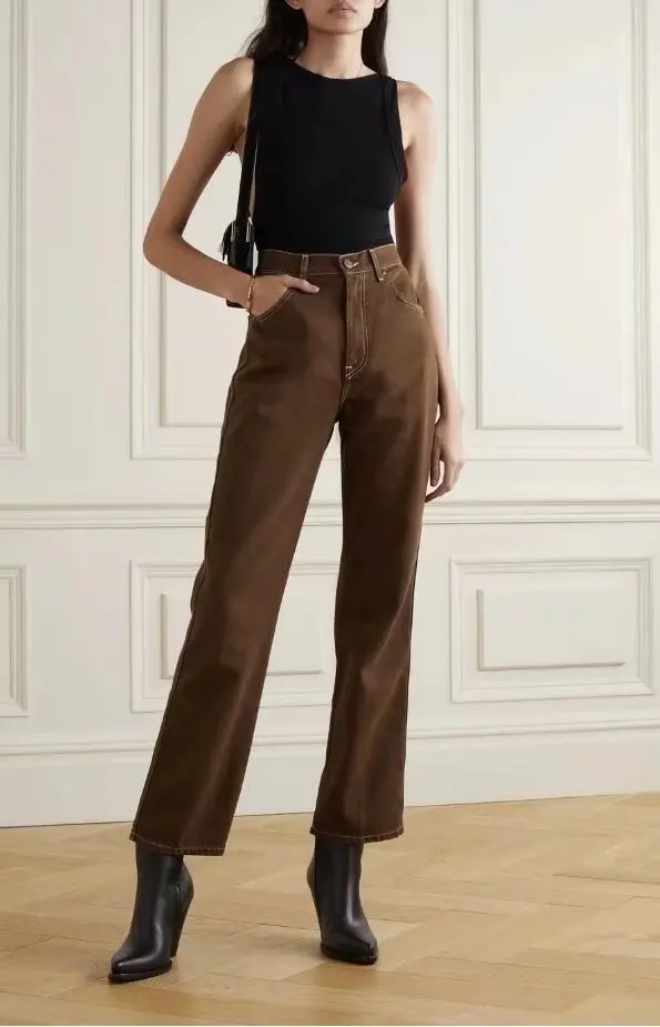 レトロ風 シンプル ハイウエスト ルーズ ストレートレッグジーンズ ウェイドアウト シンプルでおしゃれなロングパンツ レディース プレミアムデニム