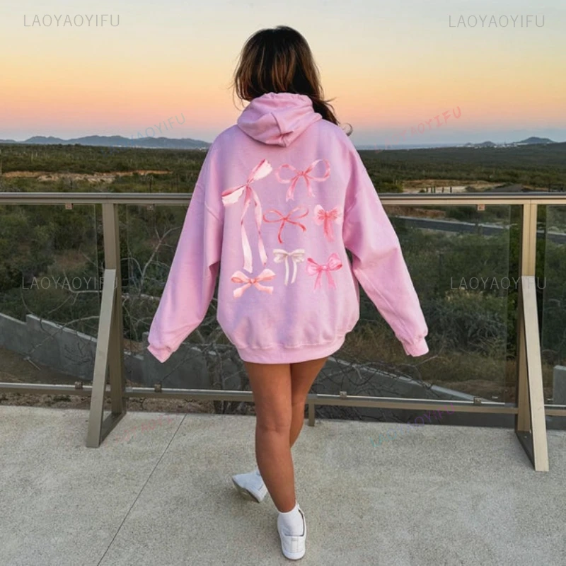 Pink Bow Woman Wine Red Hoodie Creative Girly Pink Ribbon Bow Pullover Girlfriend Autumn Winter Warm Drop Shoulder Long Sleeve