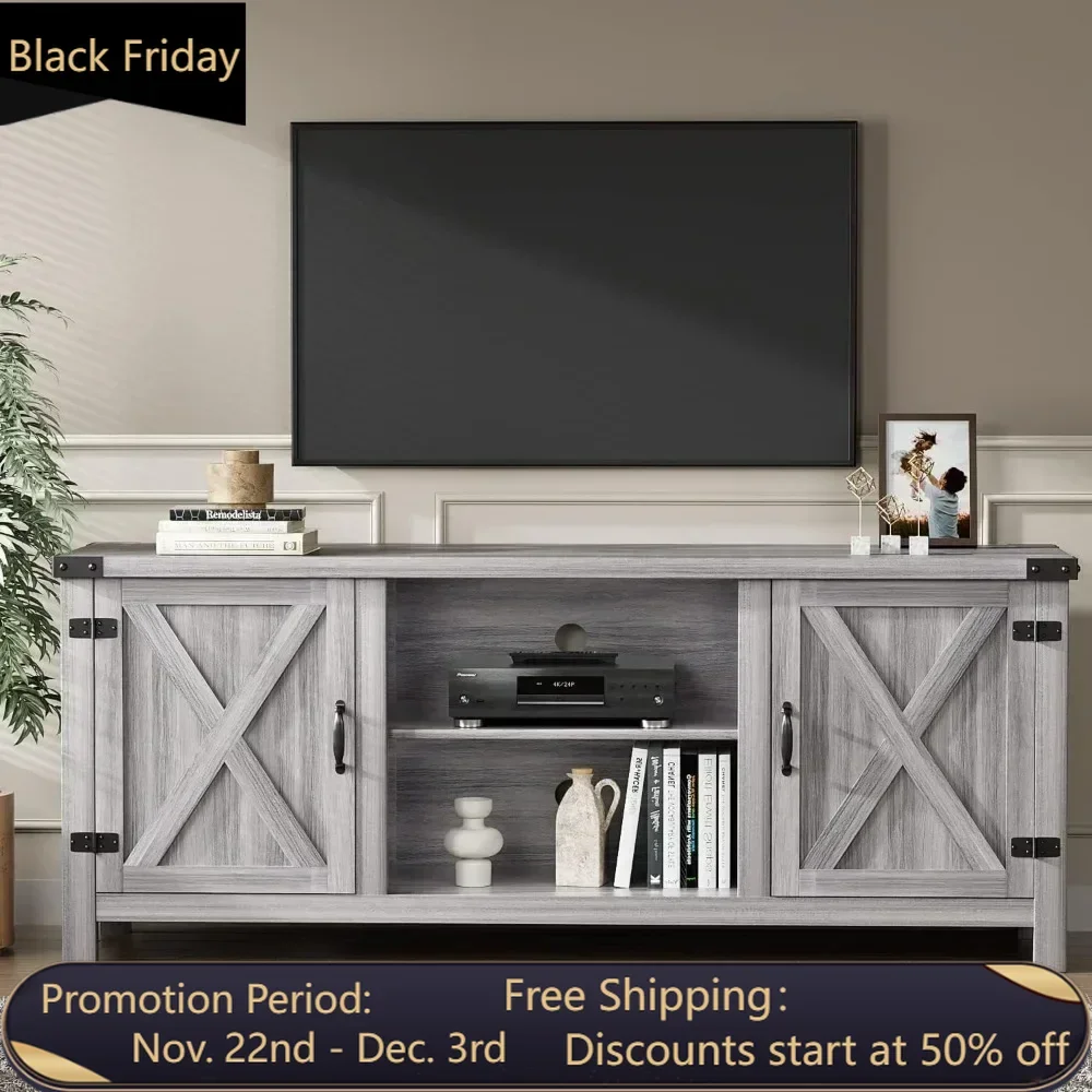 Modern Farmhouse TV Stand with Two Barn Doors and Storage Cabinets for Televisions up to 65+ Inch, Entertainment Center Console