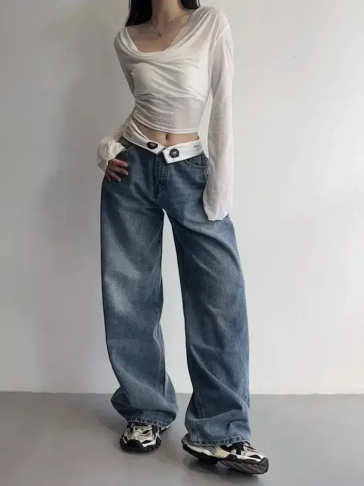 

Vintage Y2k Jeans Women Baggy Kpop Gyaru Streetwear Wide Blue Denim Pants Harajuku Korean Acubi Fashion High Waist Jeans