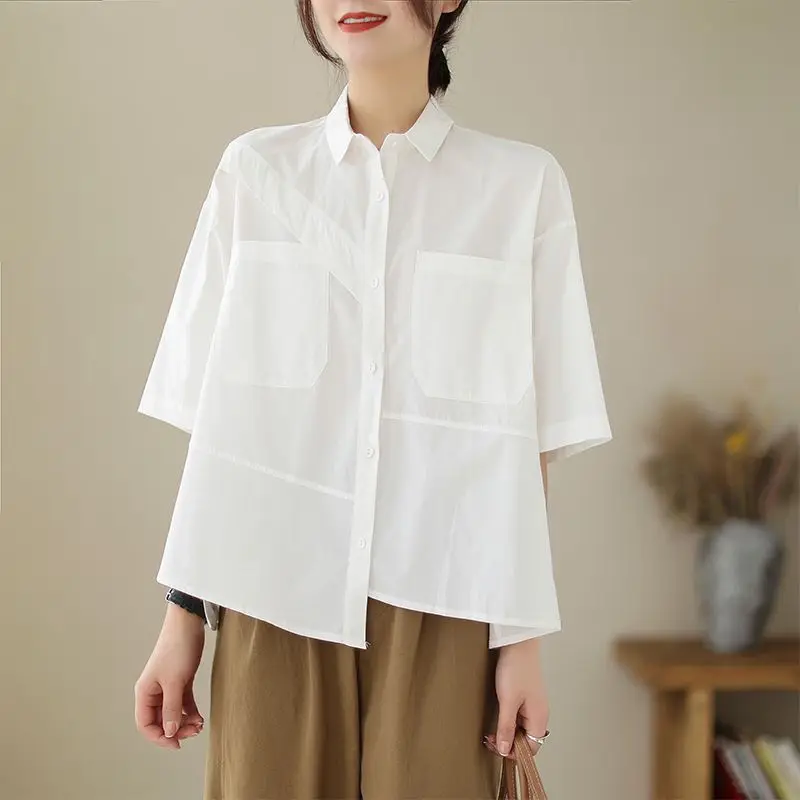 Summer POLO Collar Fashion Short Sleeve Shirt Women High Street Cotton Hemp Button Cardigan Pockets Patchwork Asymmetrical Tops