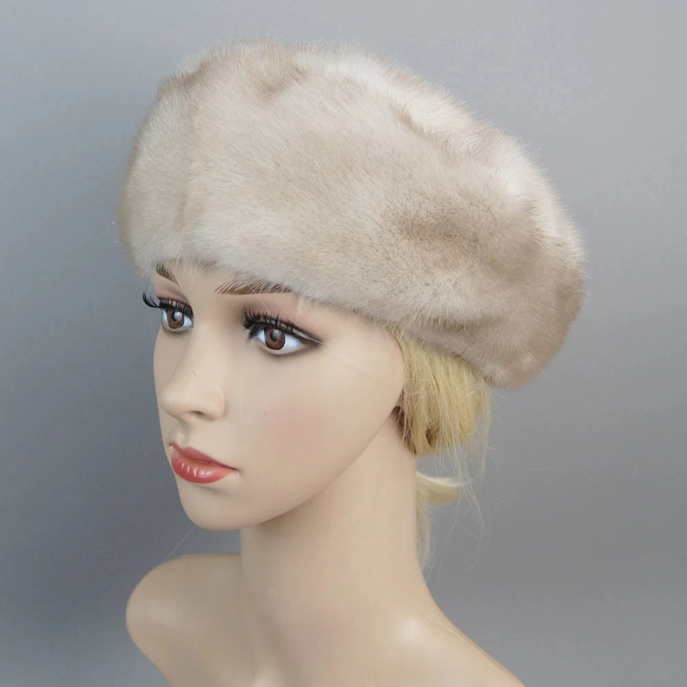 New Luxury Gentleman 100% Genuine Mink Fur Beret Hats Women Winter Outdoor Warm Real Mink Fur Hat Natural Full Pelt Mink Fur Cap