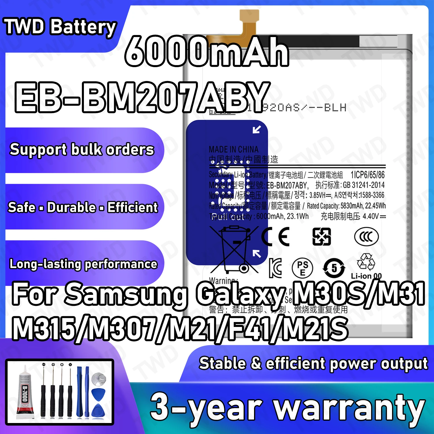 

EB-BM207ABY Large capacity Battery For Samsung Galaxy M30S/M31/M315/M21/F41/M21S Batteries New High Quanlity+Free Tools