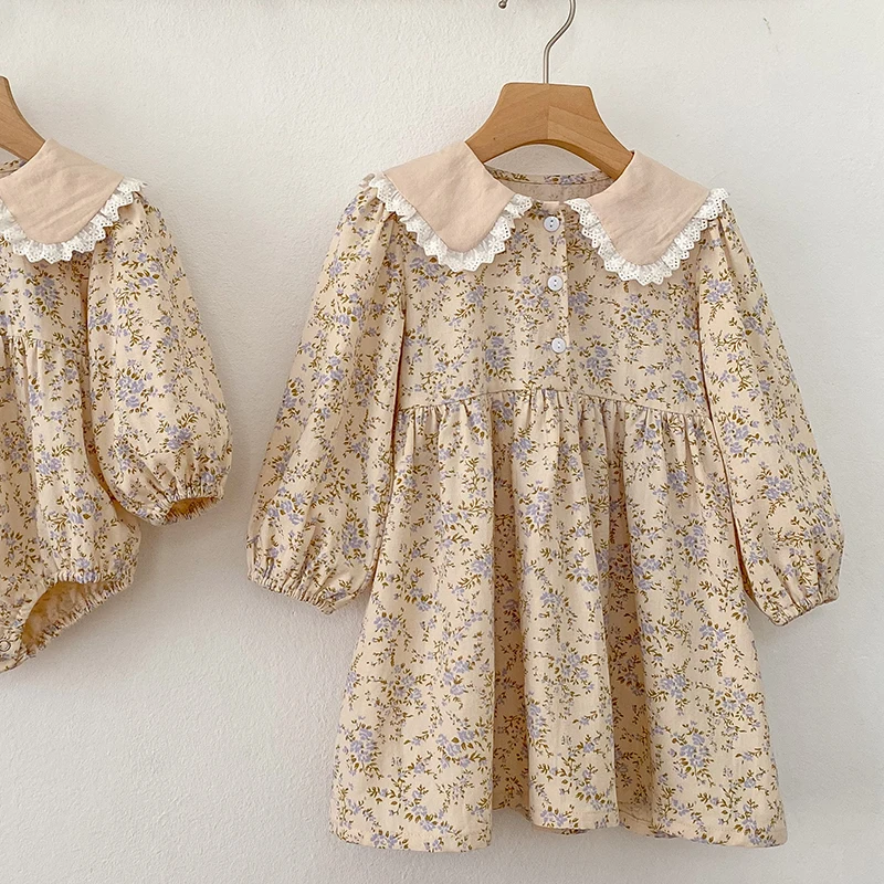 Sweet Kid Baby Girls Dress Flower Printing Princess Dress Autumn Baby Girls Doll Collar Dress Long Sleeve Children Clothes Dress