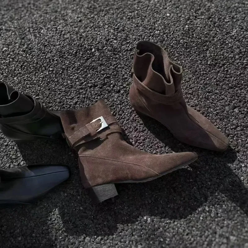 

2025Retro British style sleeve small square toe ankle boots, women's belt-buckle thick heel constricted fashion boots