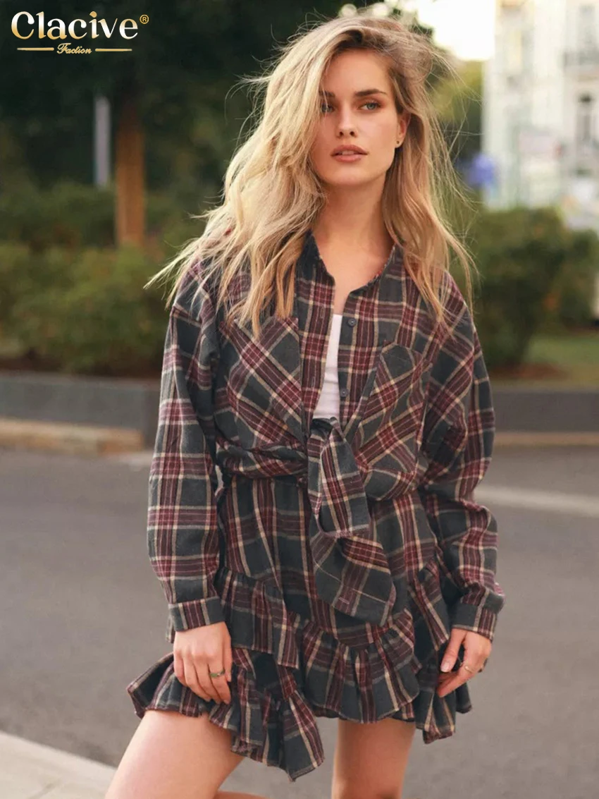 Clacive Fashion Loose Plaid 2 Piece Sets Women Outfit 2025 Elegant Long Sleeve Blouse With High Waist Pleated Mini Skirt Set