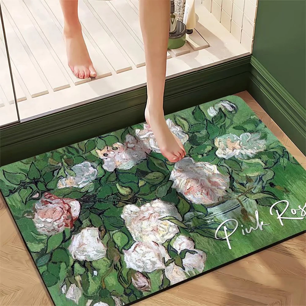 

VIKAMA Super Absorbent Diatomite Doormat -Luxury Oil Painting Bath Mat Non-Slip Kitchen Rug Quick-Dry Entryway Carpet Home Decor