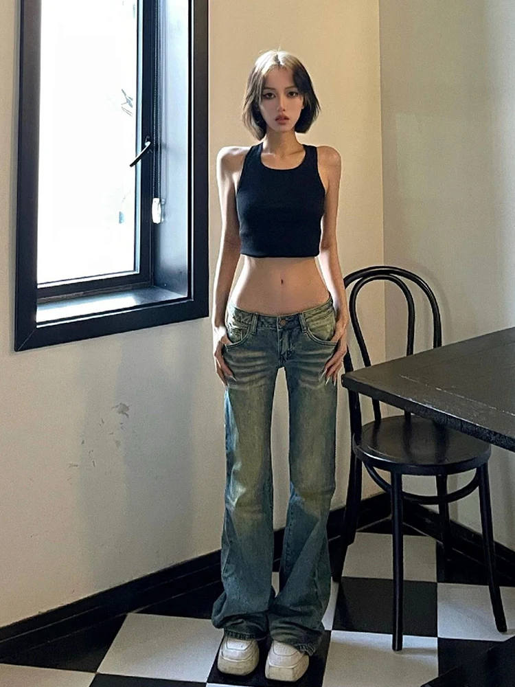 

Американские ретро-джинсы с низкой посадкой и расклешенными штанинами для женщин, весна-осень, утягивающие, удлиненные, с эффектом потертости