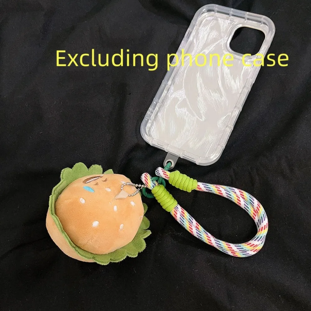 Cute plush hamburger figurine pendant with woven wrist strap, multifunctional car key, camera accessories, and strap