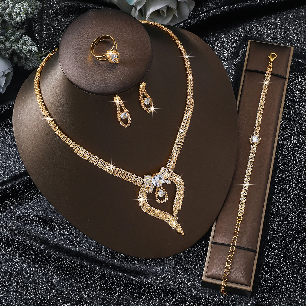 

Glamorous Rhinestone 4-Piece Jewelry Set, Gold Heart Pendant Necklace Earrings Ring Bracelet for Wedding Prom Evening Party